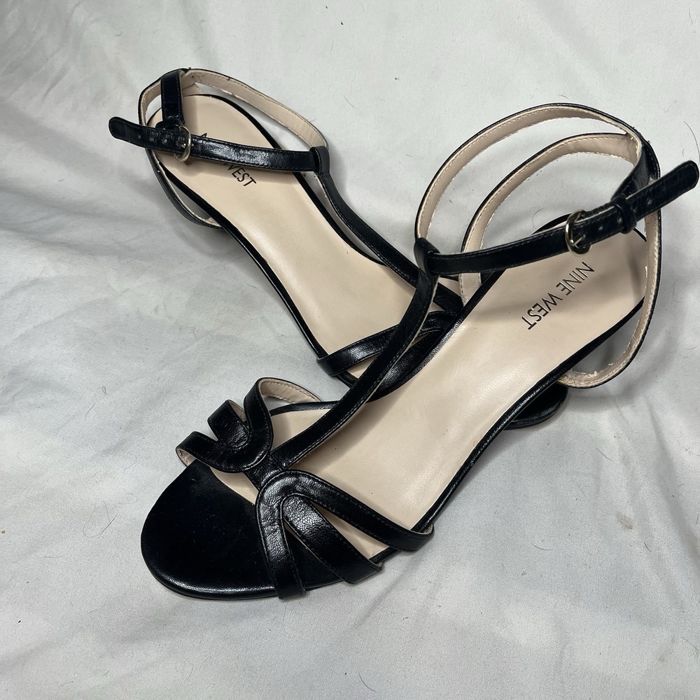 NINE WEST ODarlin Woman's Leather Black Strappy Heels Open Toe Size 8.5